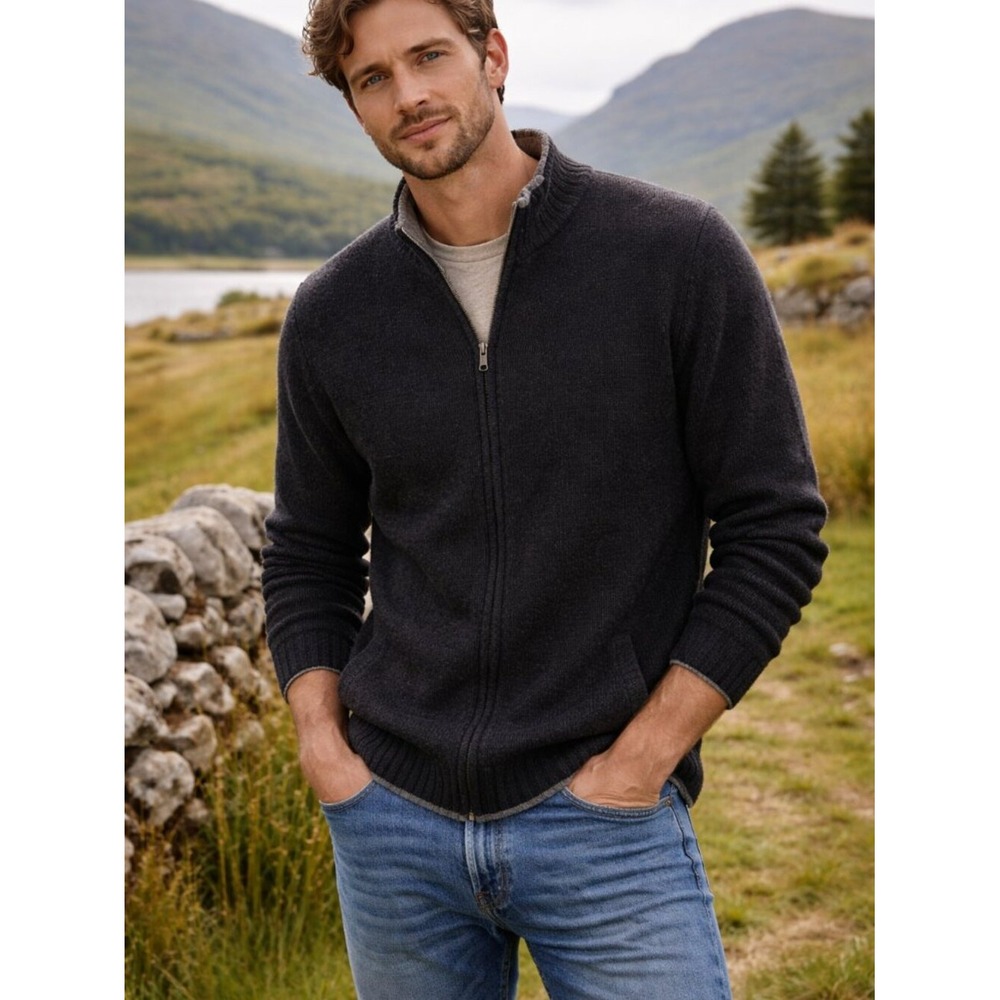 Irelandseye Mens‎ 100% Wool Full Zip Cardigan Sweater Charcoal Grey Size M